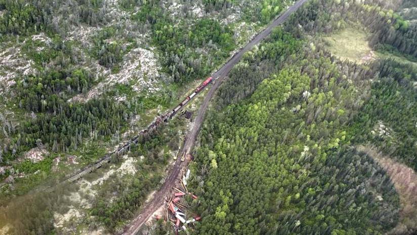 An aerial photo of the train derailment east of Caddy Lake.