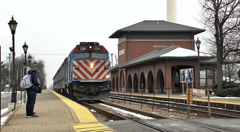 A Metra train arrives in Roselle, Illinois.