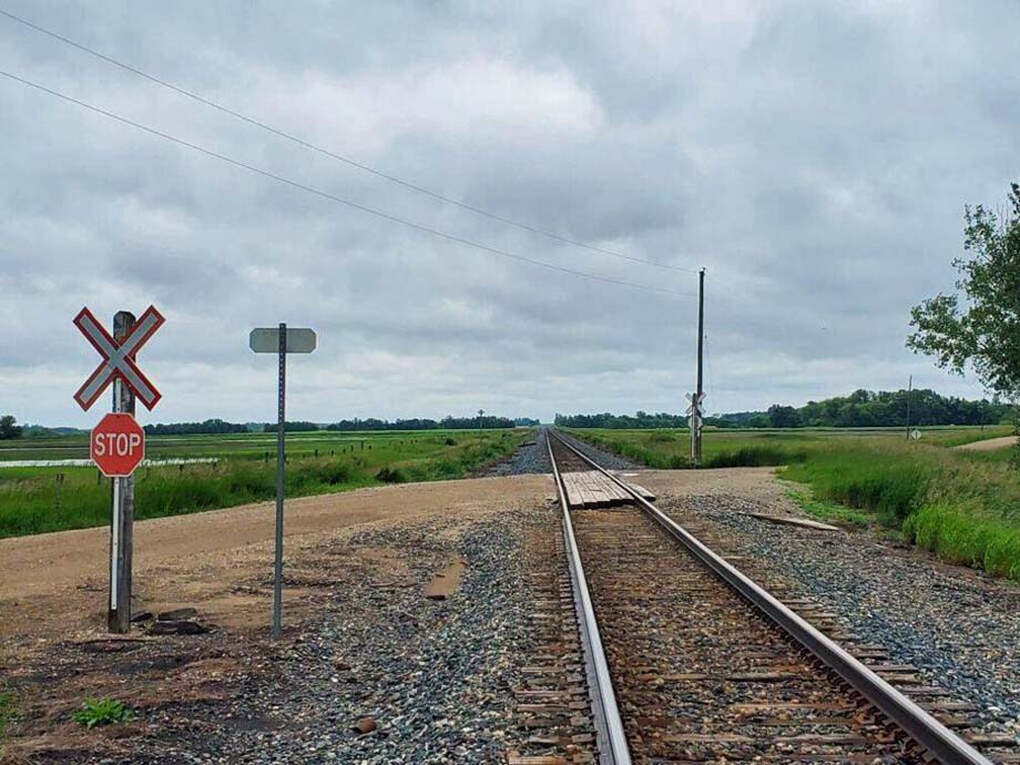 A railway crossing five kilometres east of Neepawa.