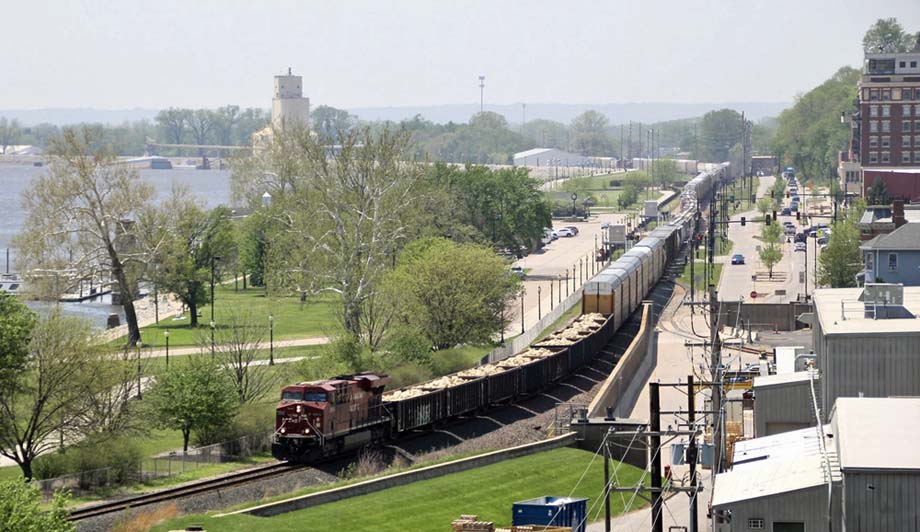 A CP train snakes through Muscatine, Iowa.