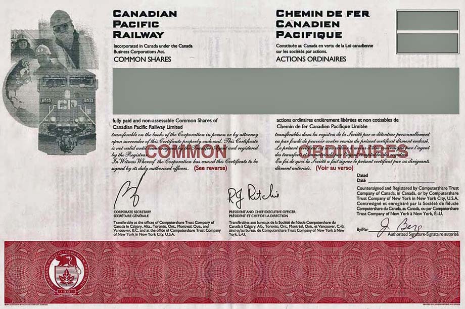 A CP common share certificate.