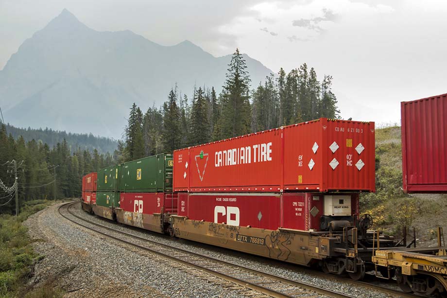 A Canadian Tire 60 foot container on an eastbound CP stack train.