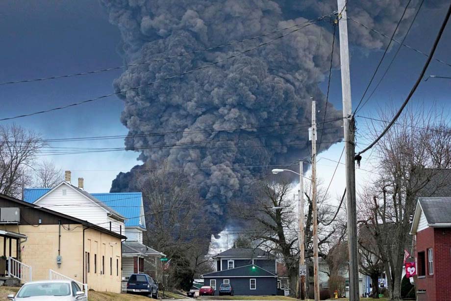 A black plume rises over East Palestine, Ohio.