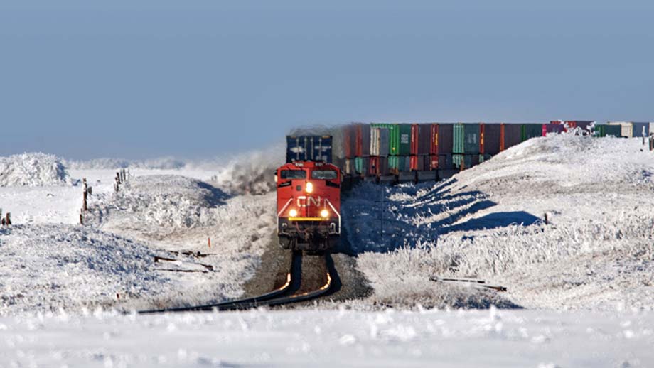A CN double-stack train in the snow.