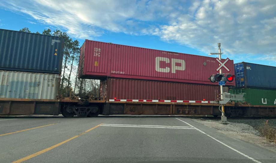 A CP train passes north of Barrie.