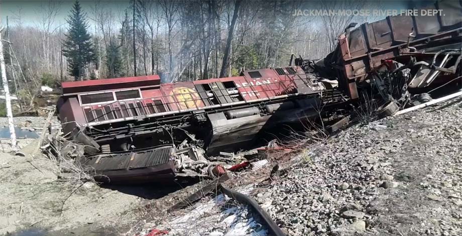One of three derailed locomotives.