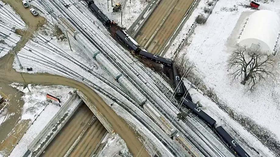 An aerial view of the train derailment.