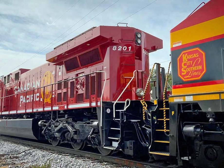 A CPKC train in Camanche Iowa.
