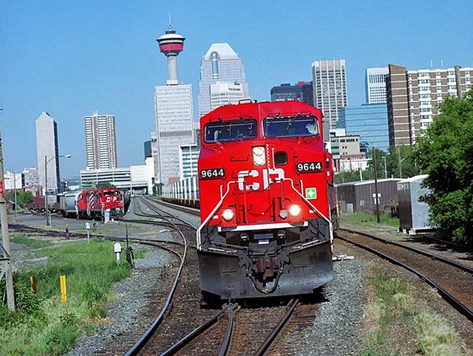 A container train downtown Calgary.