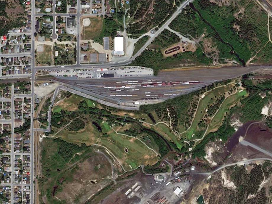 An altered satelite image of the proposed Coniston rail yard.